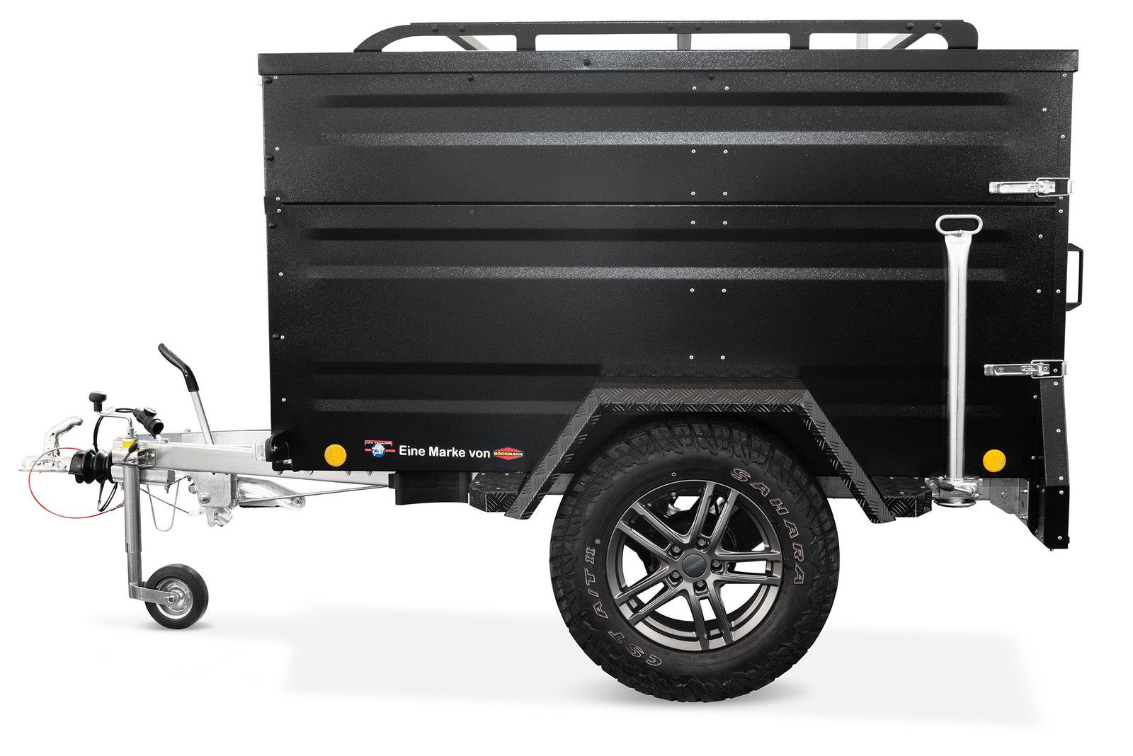 Schwarzer TPV EB2 Plus Offroad Dachzelt Anhänger – Produktfoto vor weißem Hintergrund.